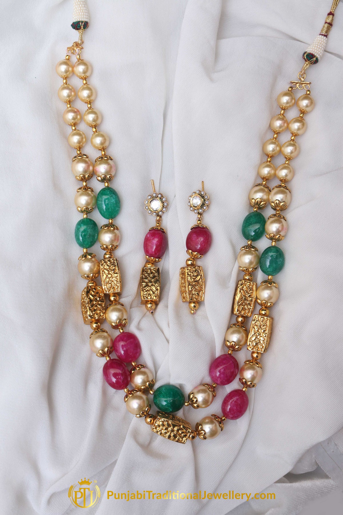 Red & Green Jodha Mala Necklace Set By Punjabi Traditional Jewellery