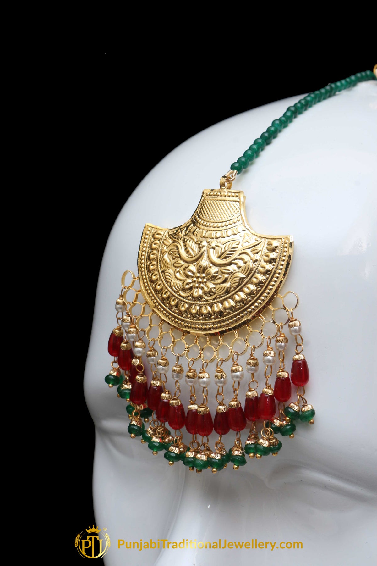 Red Green Pearl Earring Tikka Set By Punjabi Traditional Jewellery