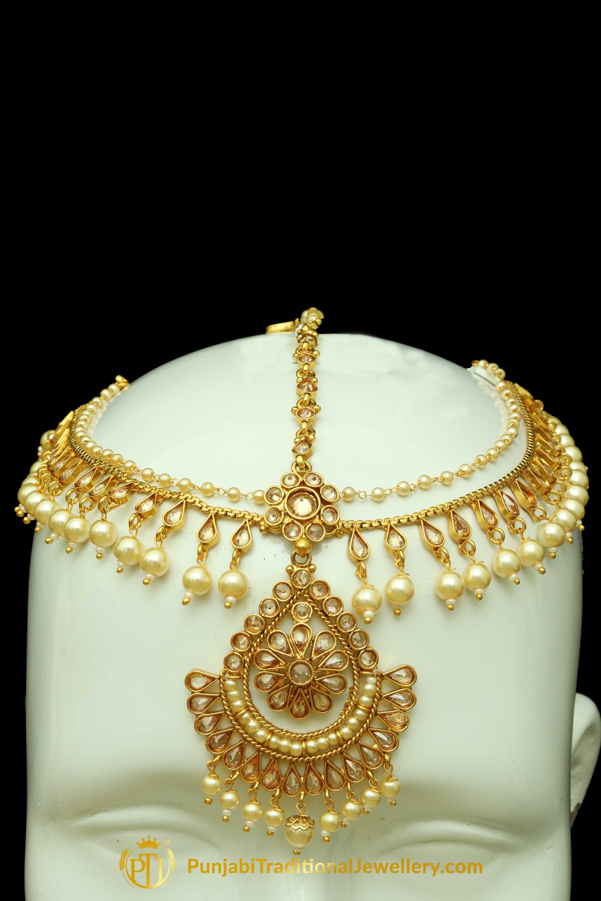 Golden Polki Matha Patti Earrings By Punjabi Traditional Jewellery
