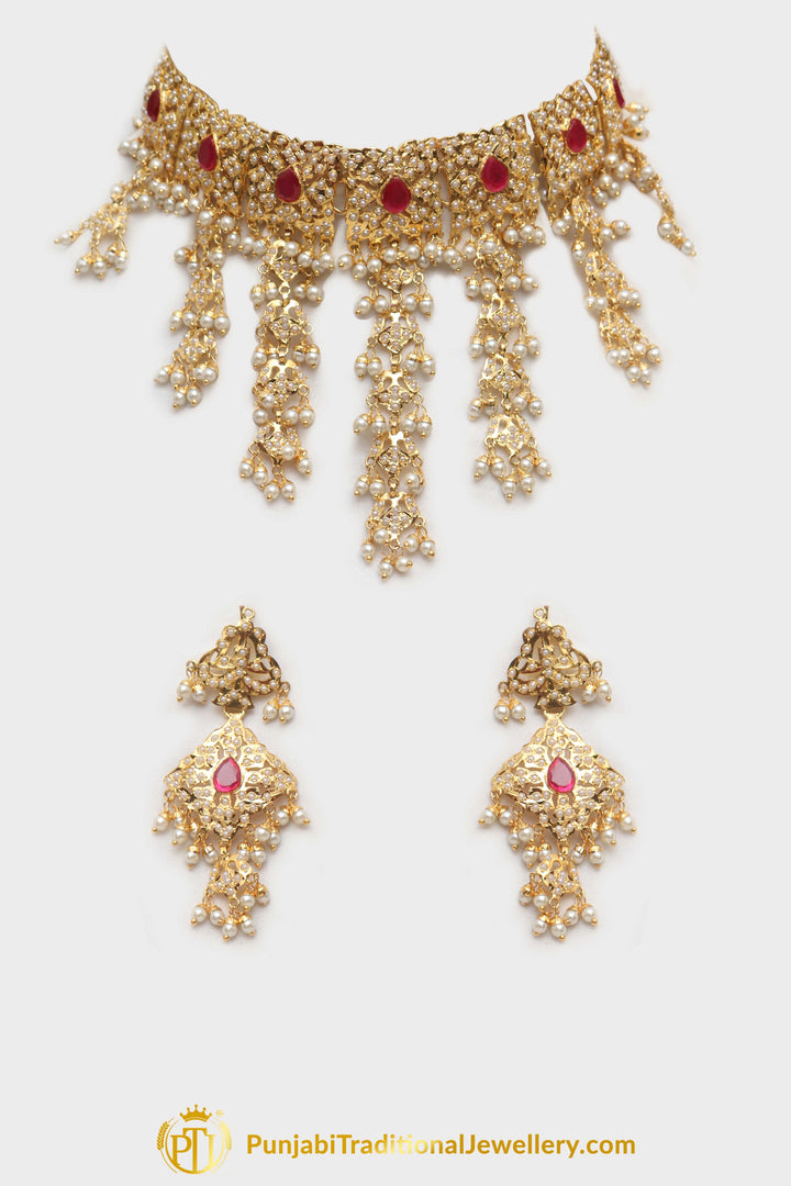 Maroon Jadau Pearl Kundan Necklace Set By Punjabi Traditional Jewellery