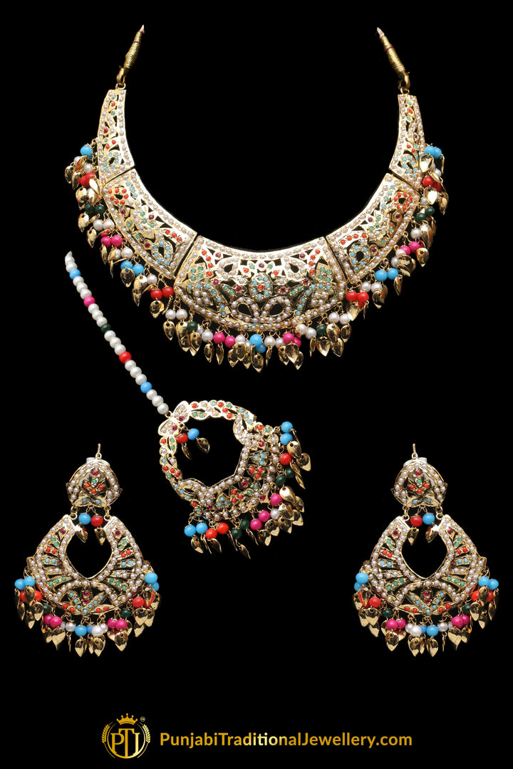 Multi Jadau Pippal Patti Necklace Set By Punjabi Traditional Jewellery
