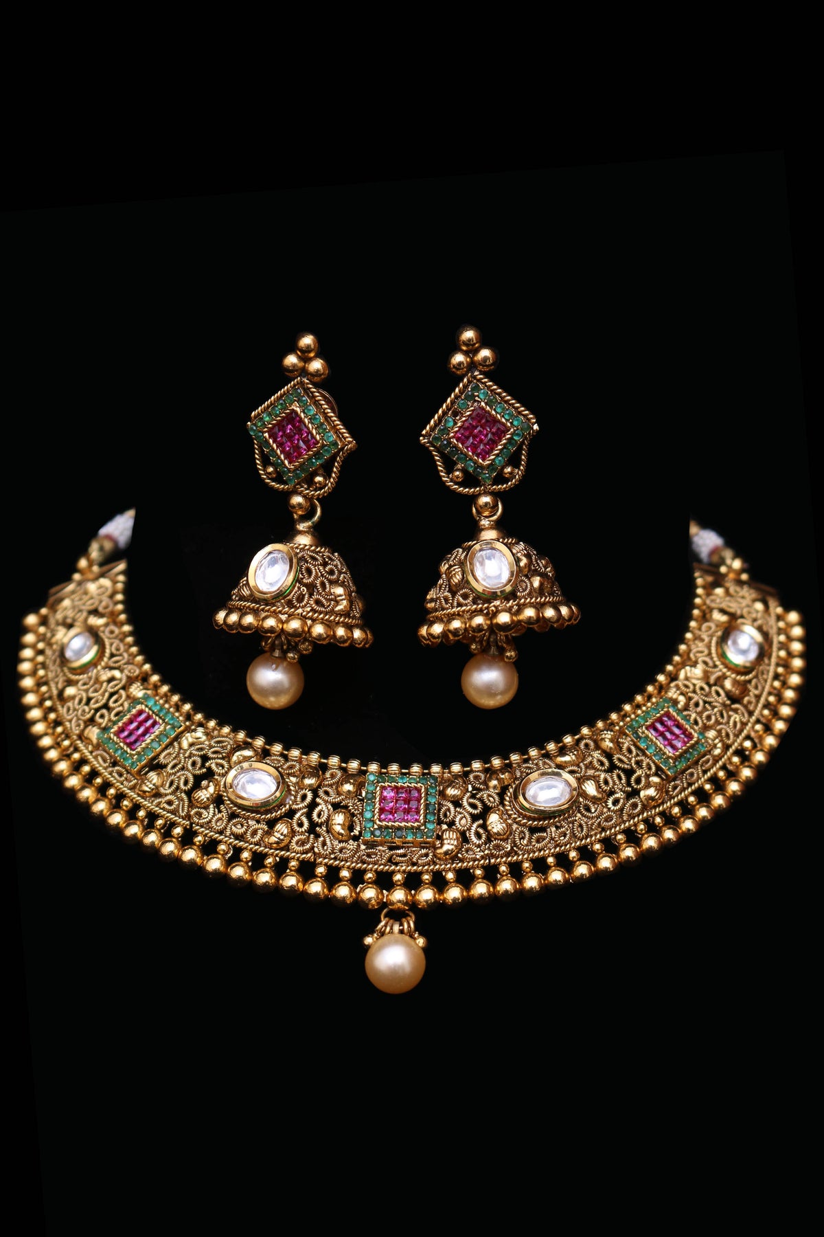 Ruhaniyat Maroon & Green Antique Gold Polki Necklace Set By Punjabi Traditional Jewellery