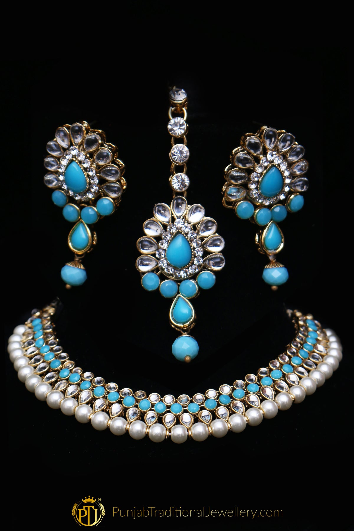 White & Firozi Kundan Necklace Set By Punjabi Traditional Jewellery