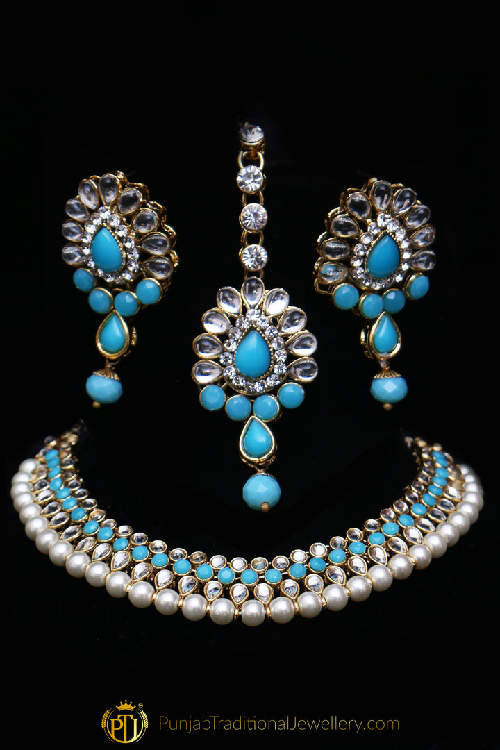 White & Firozi Kundan Necklace Set By Punjabi Traditional Jewellery