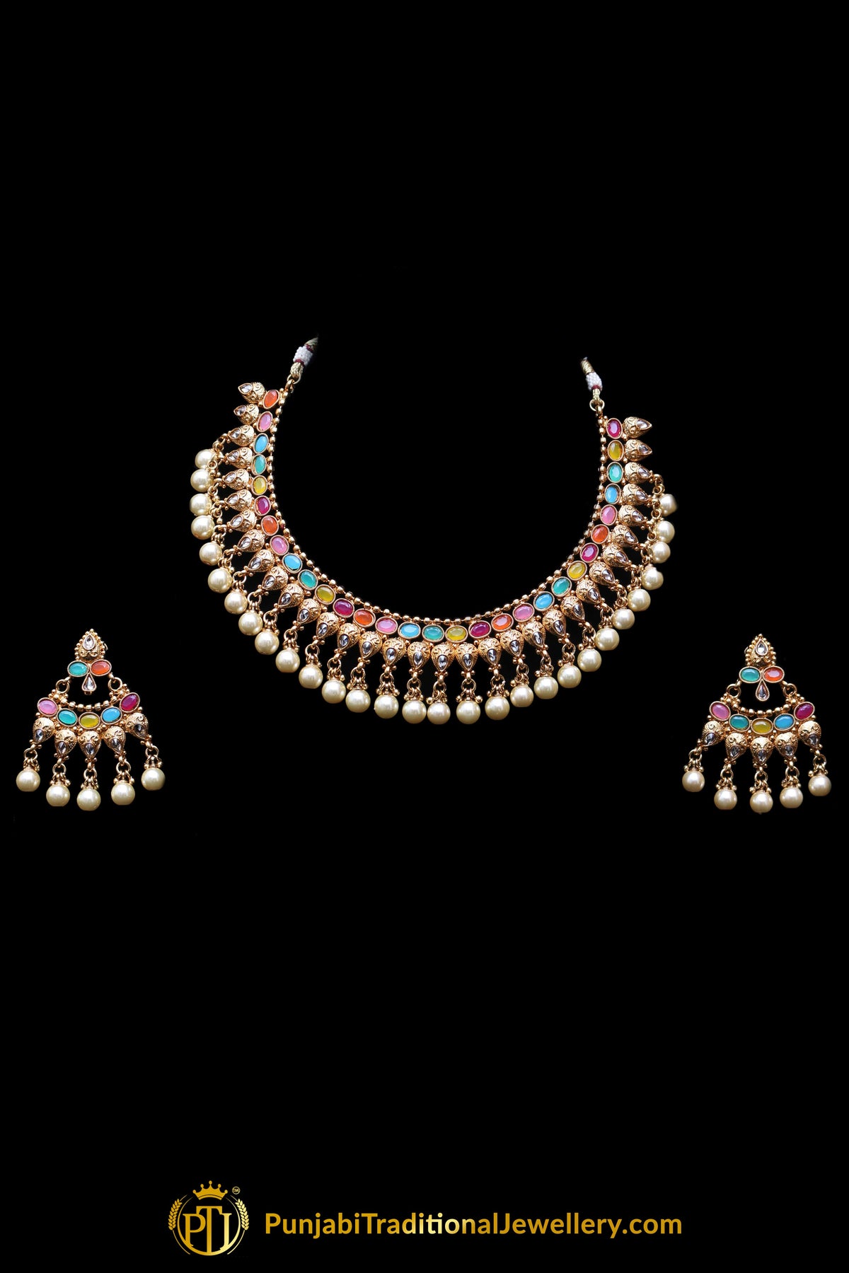 Multi White Pearl Polki Necklace Set By Punjabi Taditional Jewellery