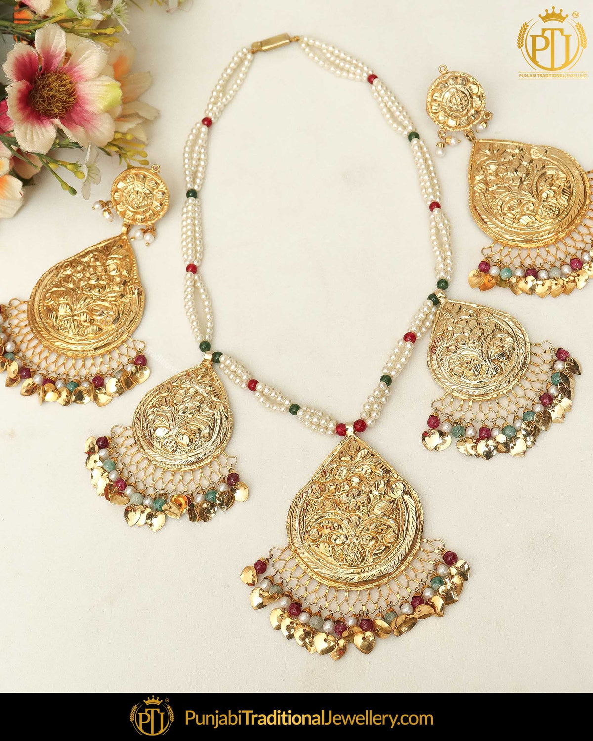 Gold Finished Pippal Patti Rubby Eemrald Patra Necklace Set | Punjabi Traditional Jewellery Exclusive