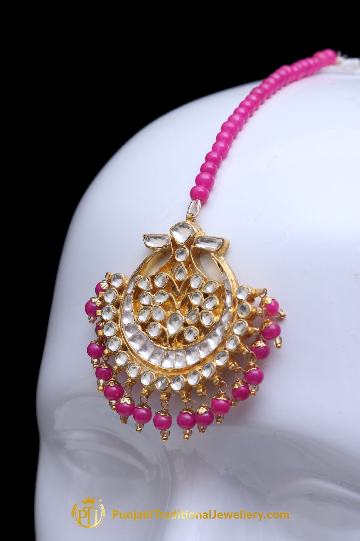 Pink Kundan Pearl Earring Tikka Set By Punjabi Traditional Jewellery