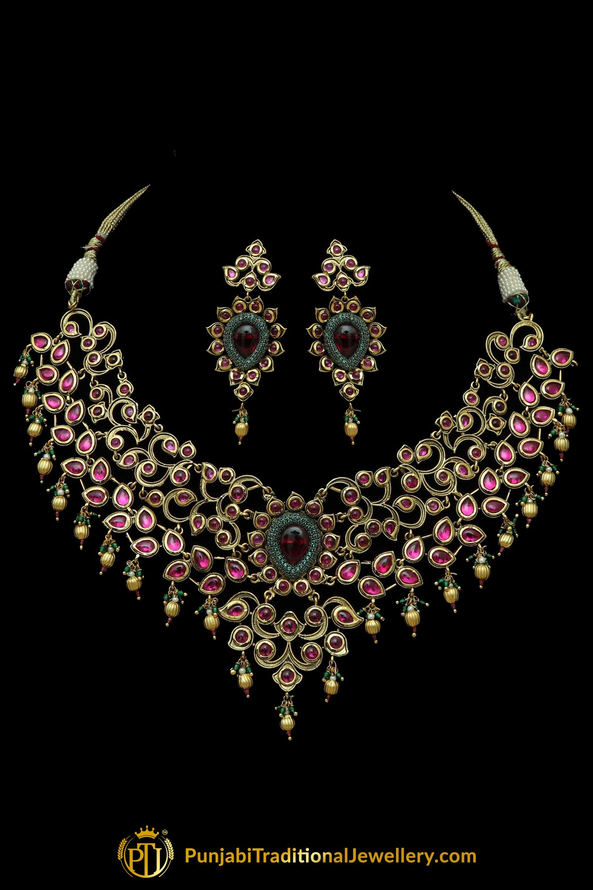 Rani Green Polki Necklace Set By Punjabi Taditional Jewellery