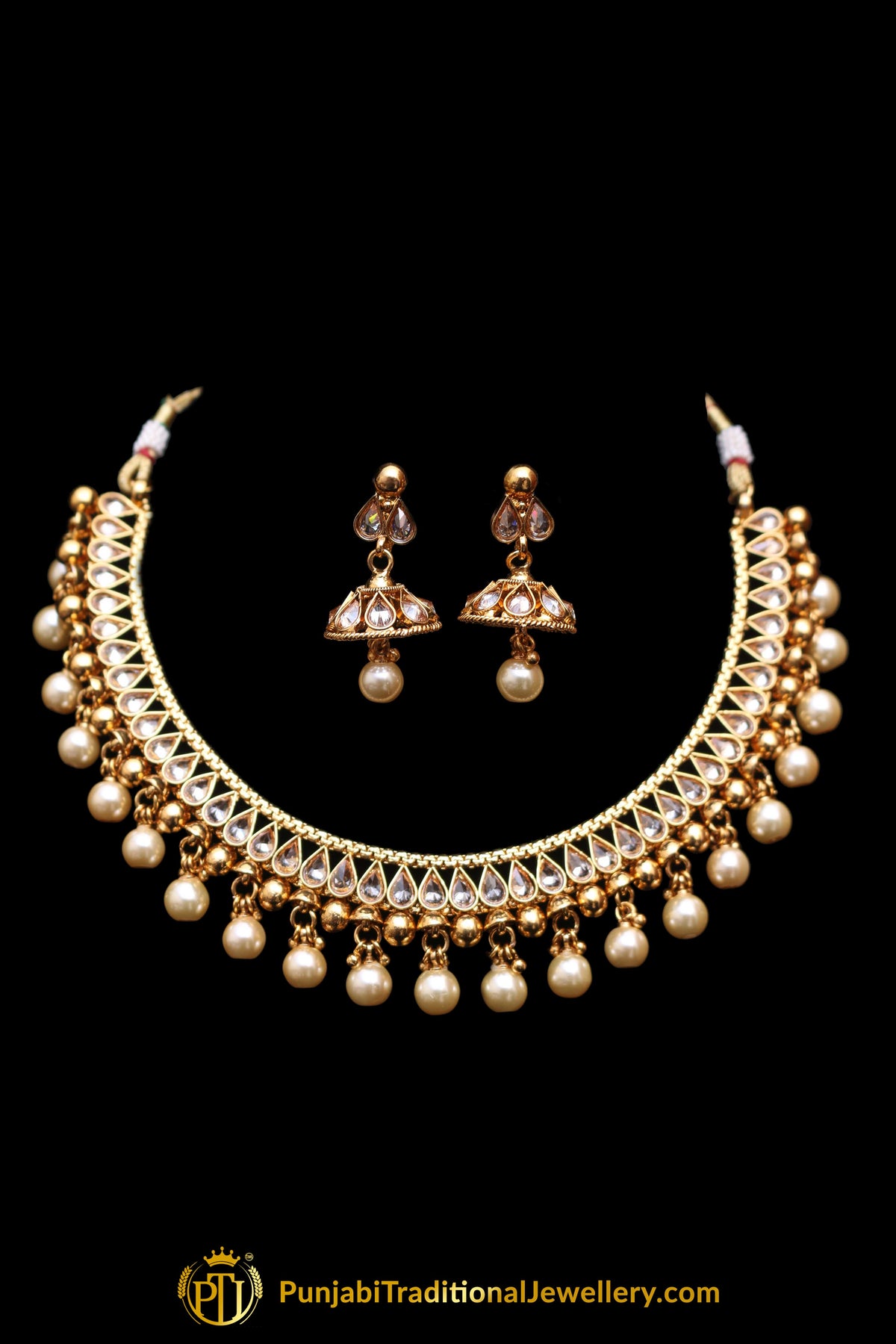 Golden Polki Pearl Necklace Set By Punjabi Traditional Jewellery