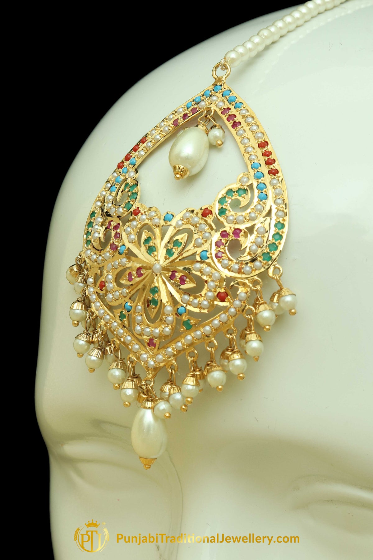 Multi Jadau Pearl Earring Tikka Set By Punjabi Traditional Jewellery