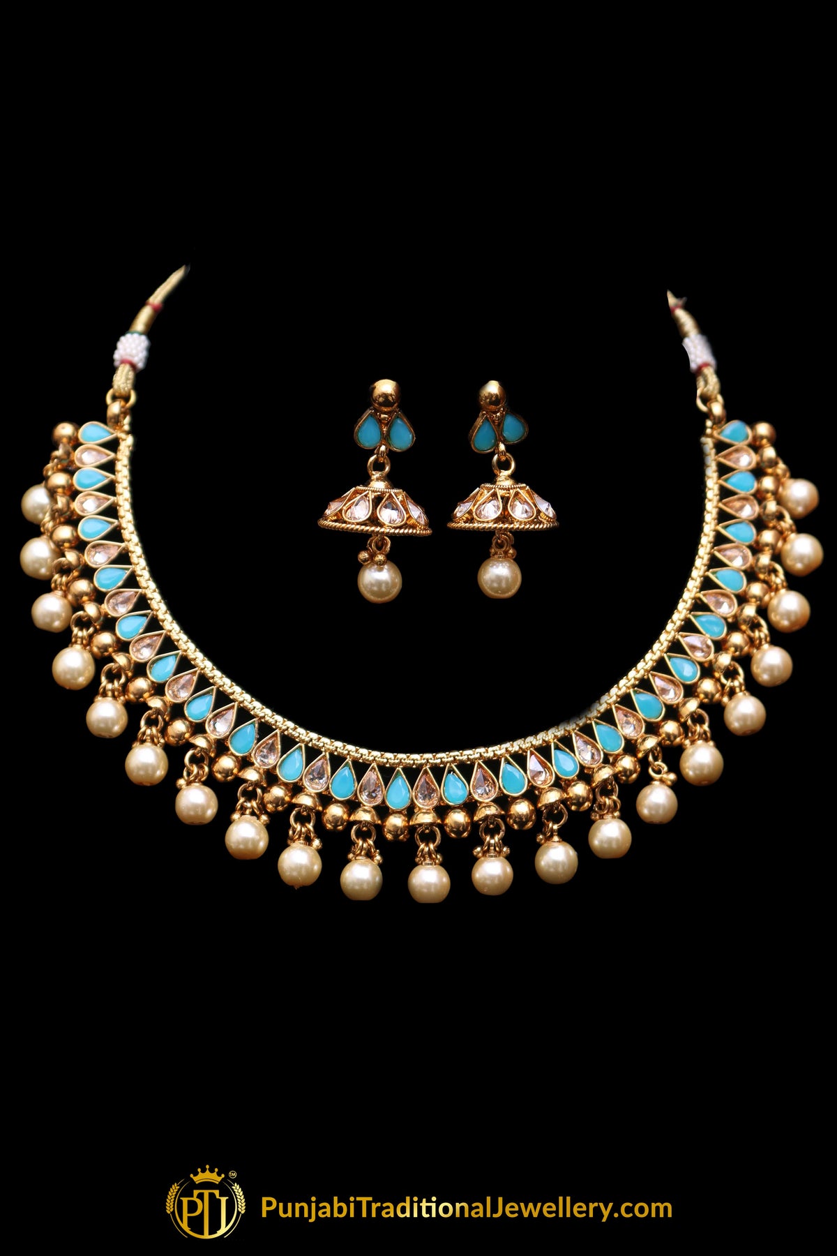 Firozi Polki Pearl Necklace Set By Punjabi Traditional Jewellery