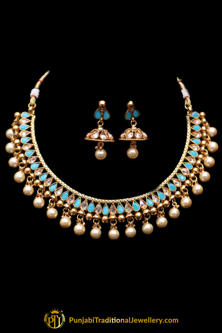 Firozi Polki Pearl Necklace Set By Punjabi Traditional Jewellery