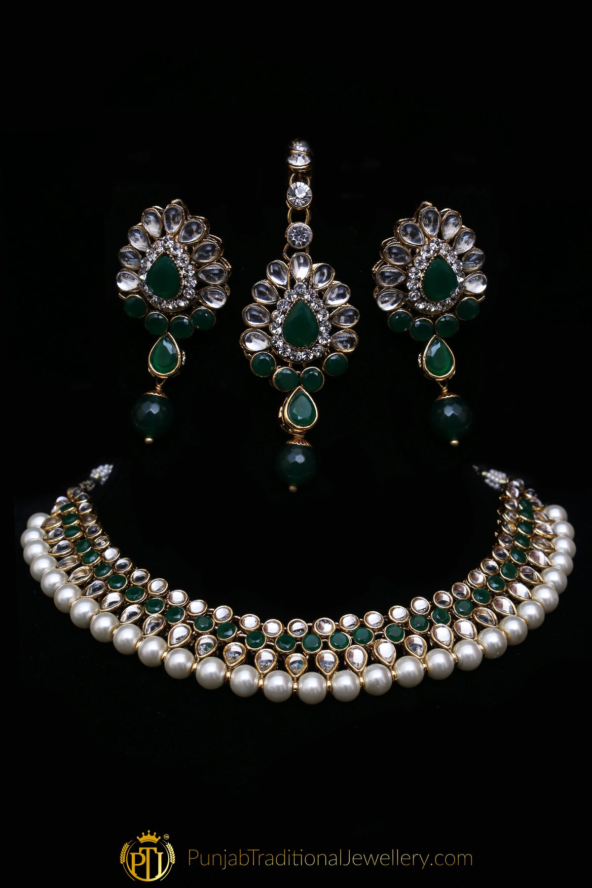 White & Green Kundan Necklace Set By Punjabi Traditional Jewellery