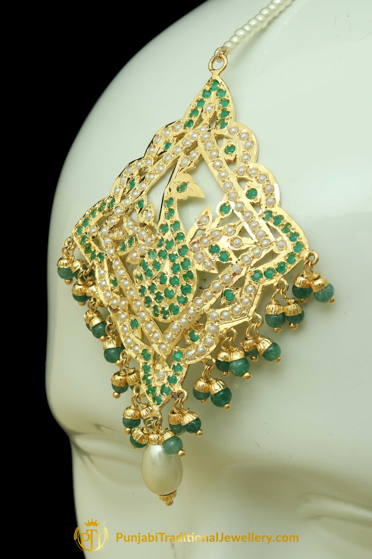 Green Jadau Pearl Earring Tikka Set By Punjabi Traditional Jewellery