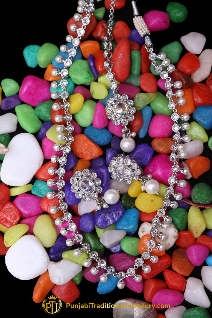 Silver Polki Pearl Necklace Set By Punjabi Traditional Jewellery
