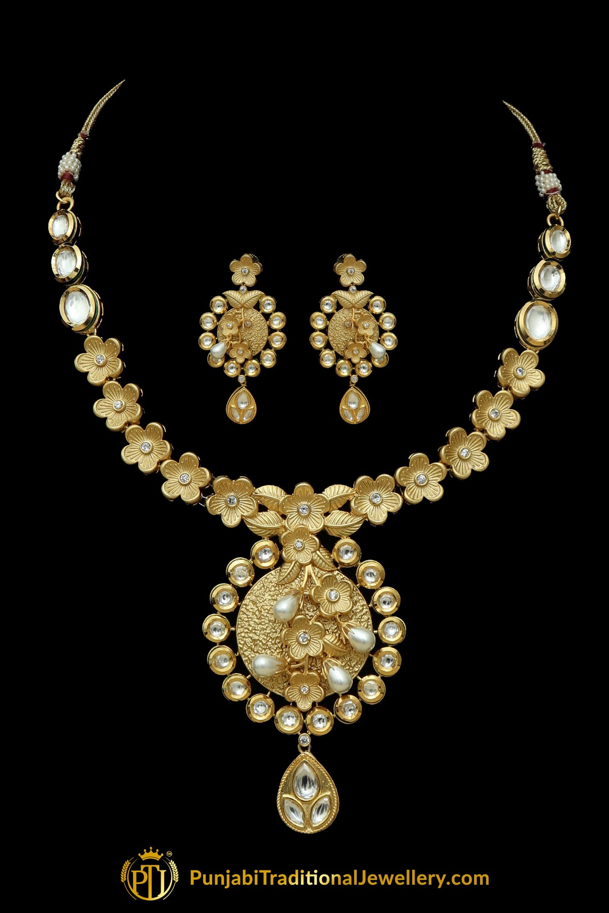 Matt Gold Kundan Pearl Necklace Set By Punjabi Taditional Jewellery