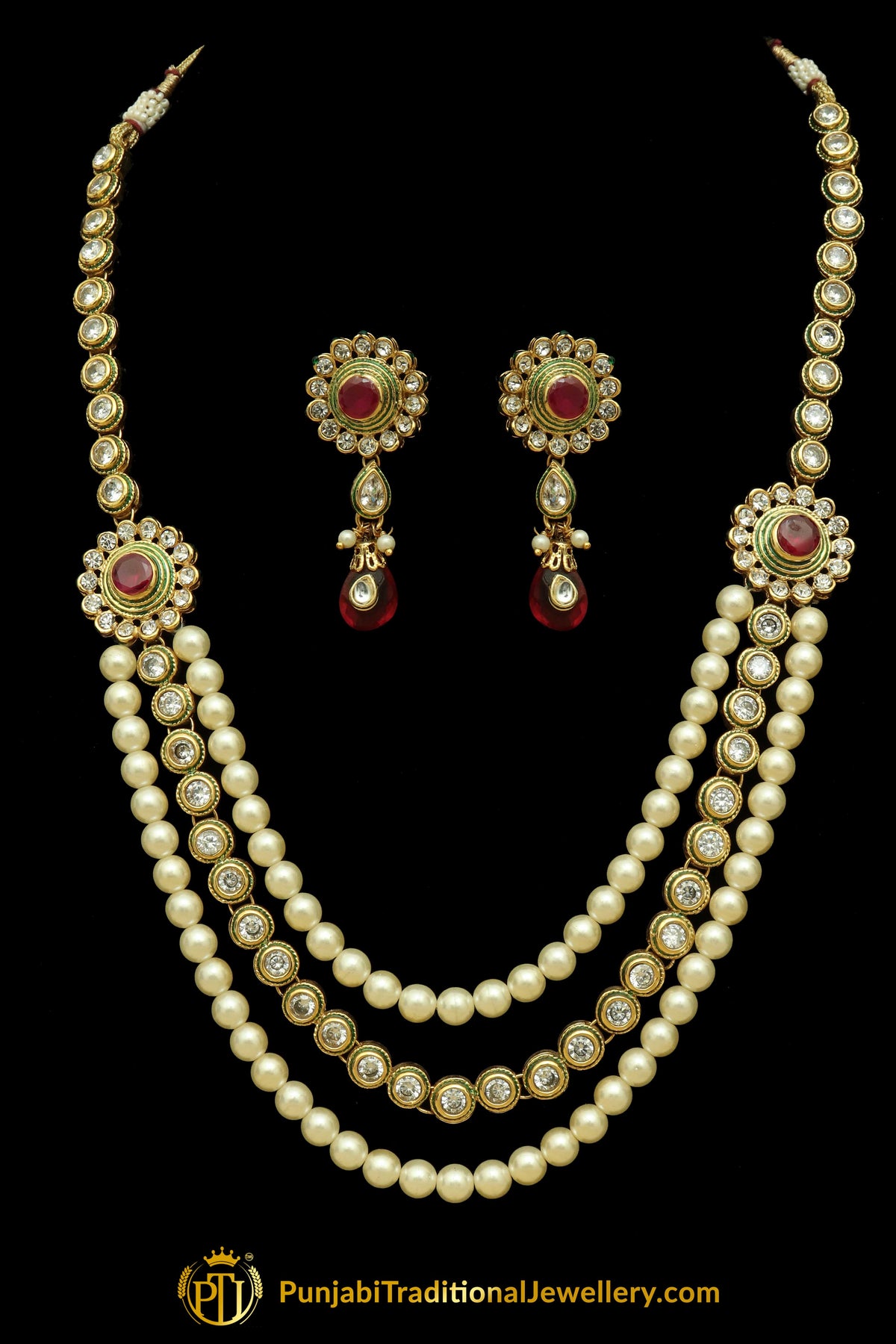 Red Polki Pearl Necklace Set By Punjabi Traditional Jewellery