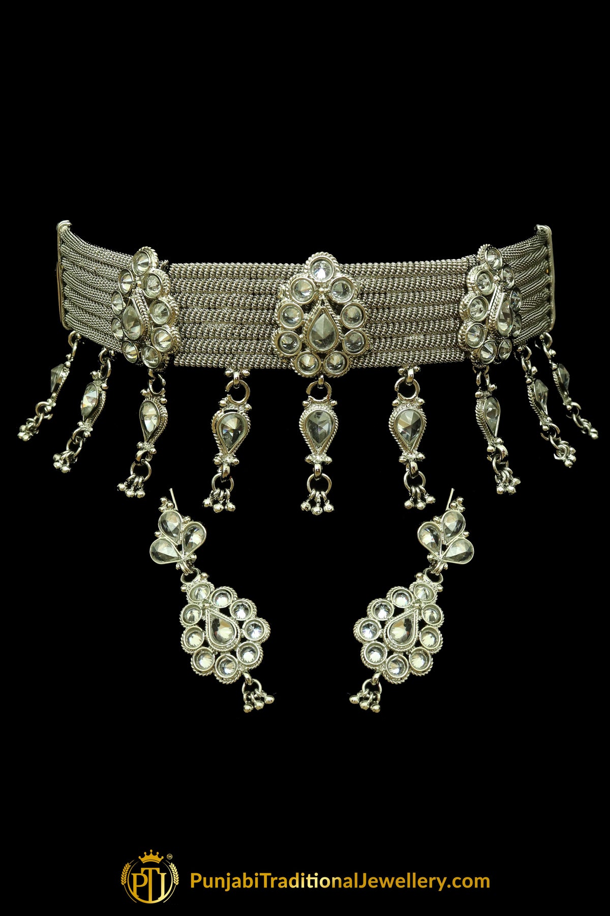 Silver Plated Polki Choker Necklace Set By Punjabi Traditional Jewellery
