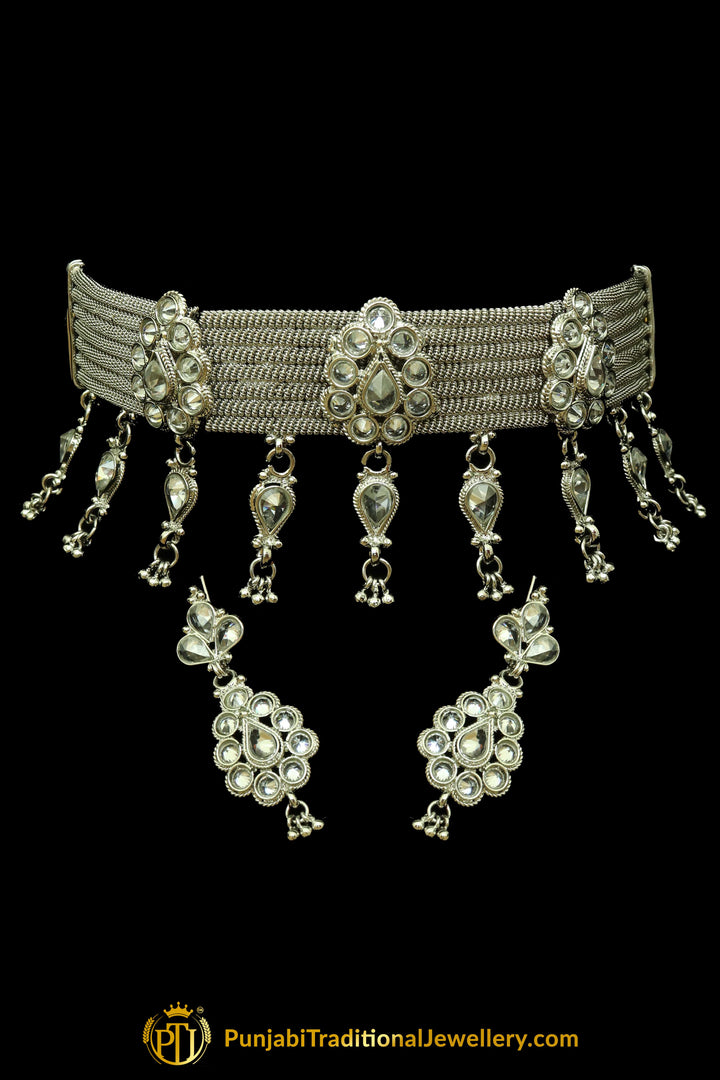 Silver Plated Polki Choker Necklace Set By Punjabi Traditional Jewellery