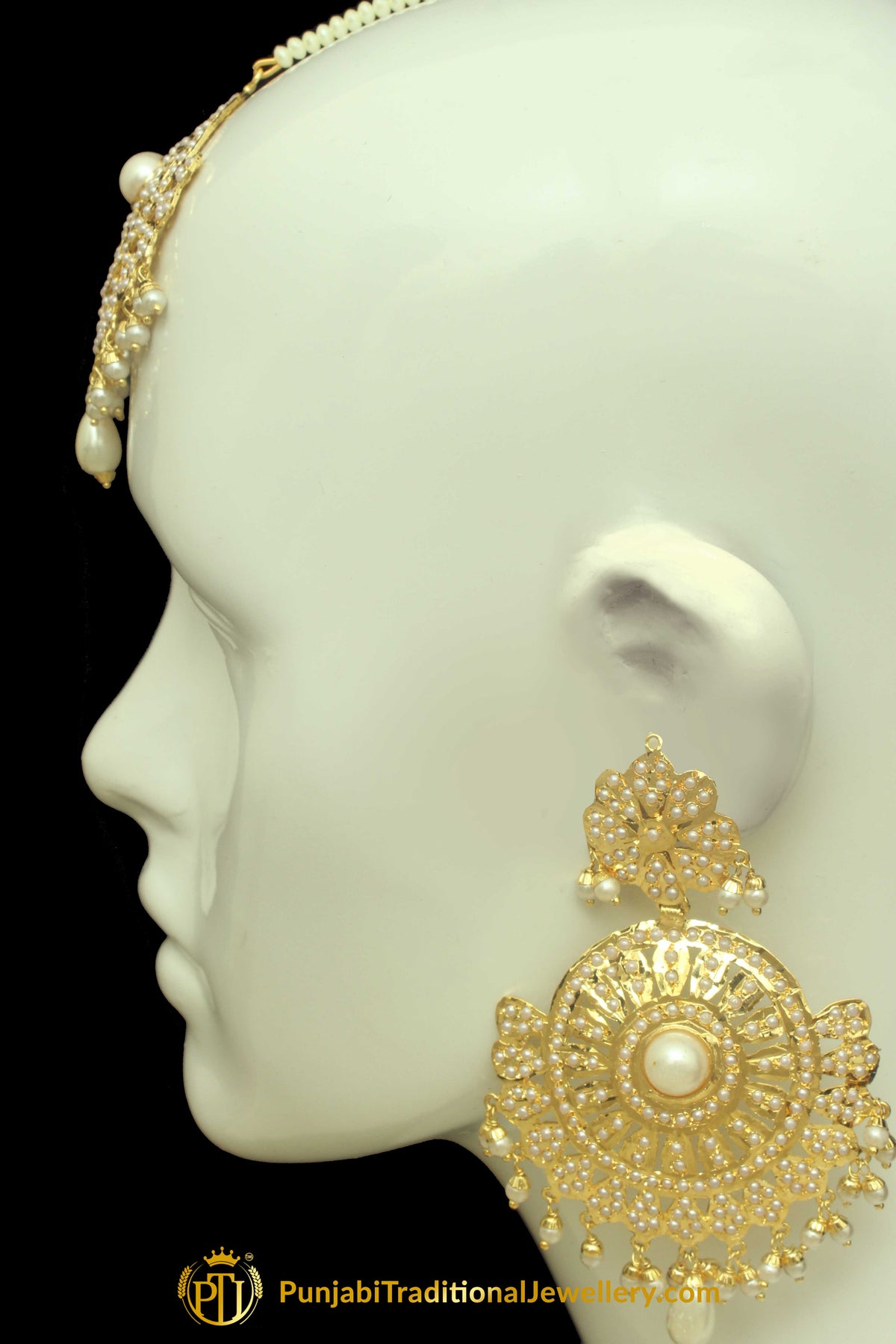 Golden Jadau Pearl Earring Tikka Set By Punjabi Traditional Jewellery