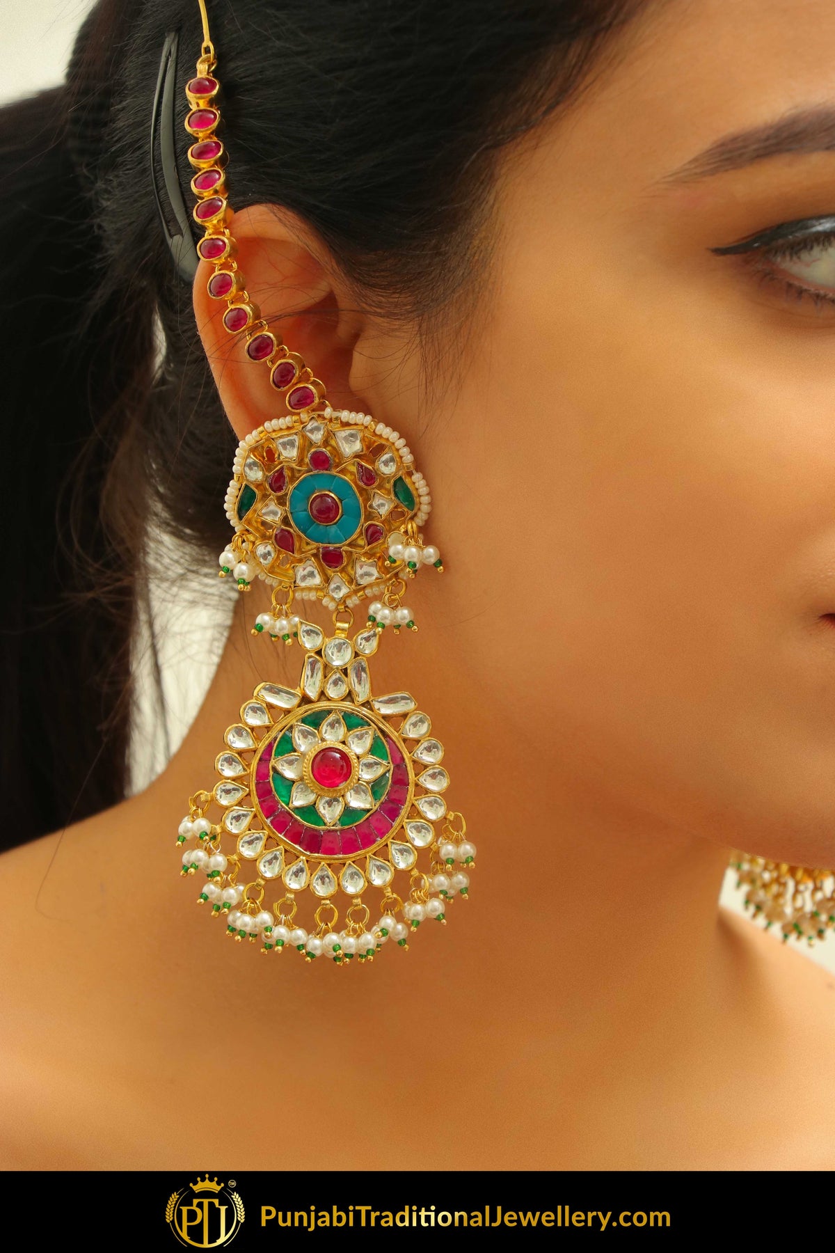Adab Navratan Kundan Earrings with Sahare & Tikka Set | Punjabi Traditional Jewellery Exclusive
