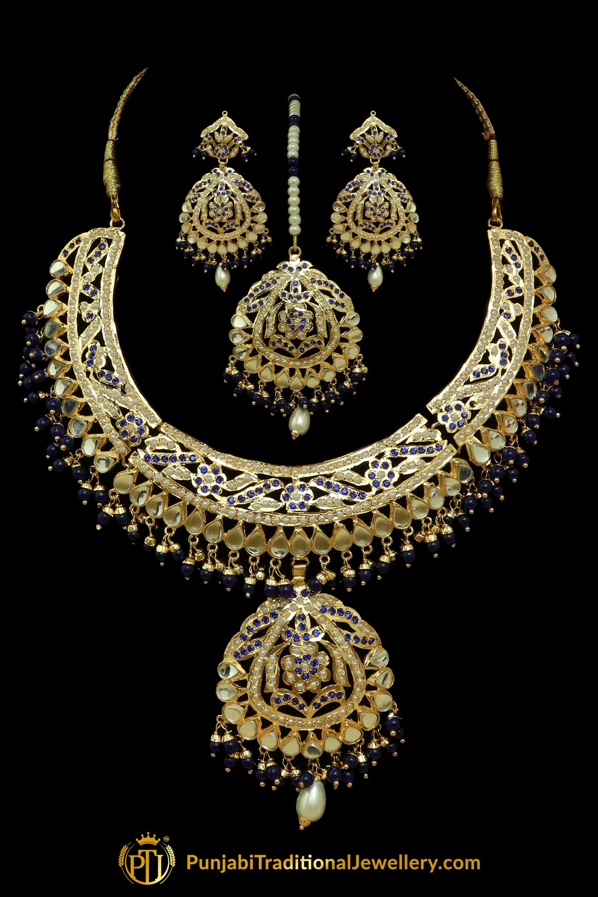 Blue Jadau Necklace Set By Punjabi Traditional Jewellery