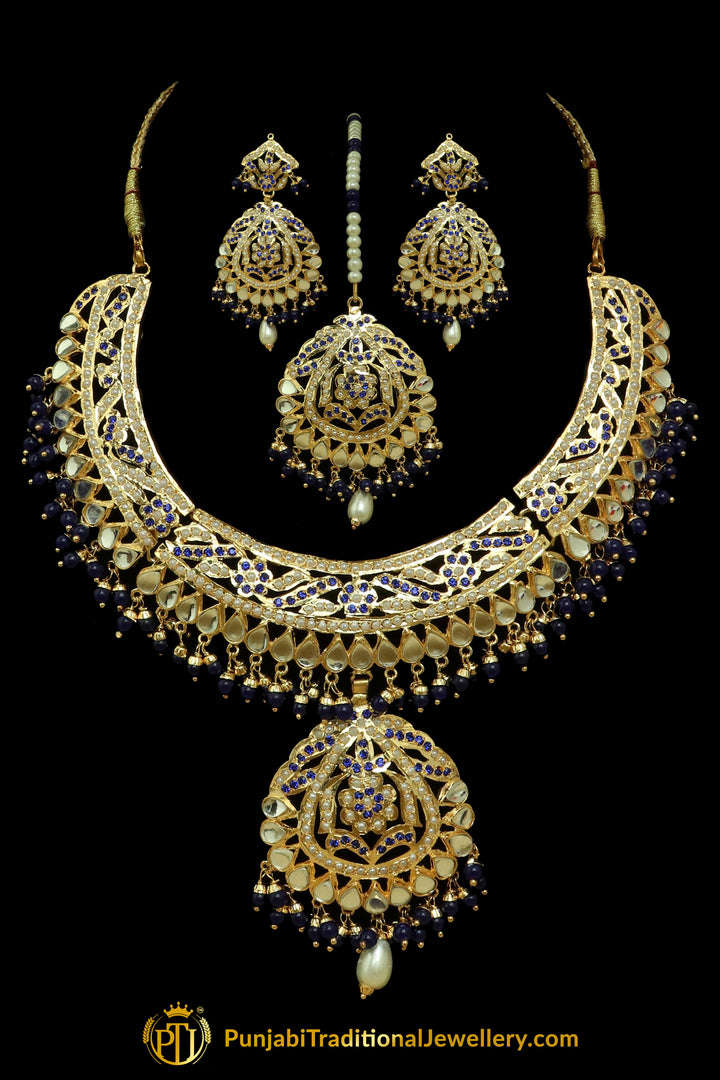 Blue Jadau Necklace Set By Punjabi Traditional Jewellery
