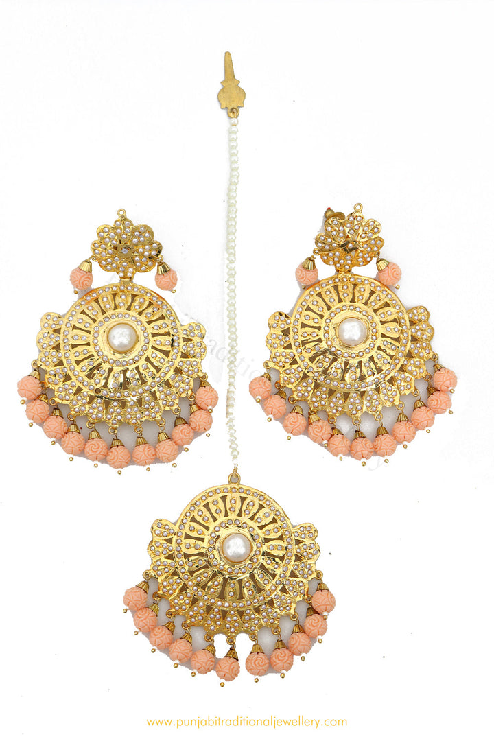 Gold Finished Peach Jadau Earrings & Tikka Set By PTJ