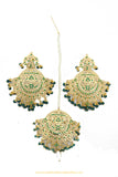 Gold Finished Emerald Jadau Earrings & Tikka Set By PTJ