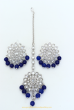 Silver Finished Blue Polki Studs & Tikka Set By PTJ