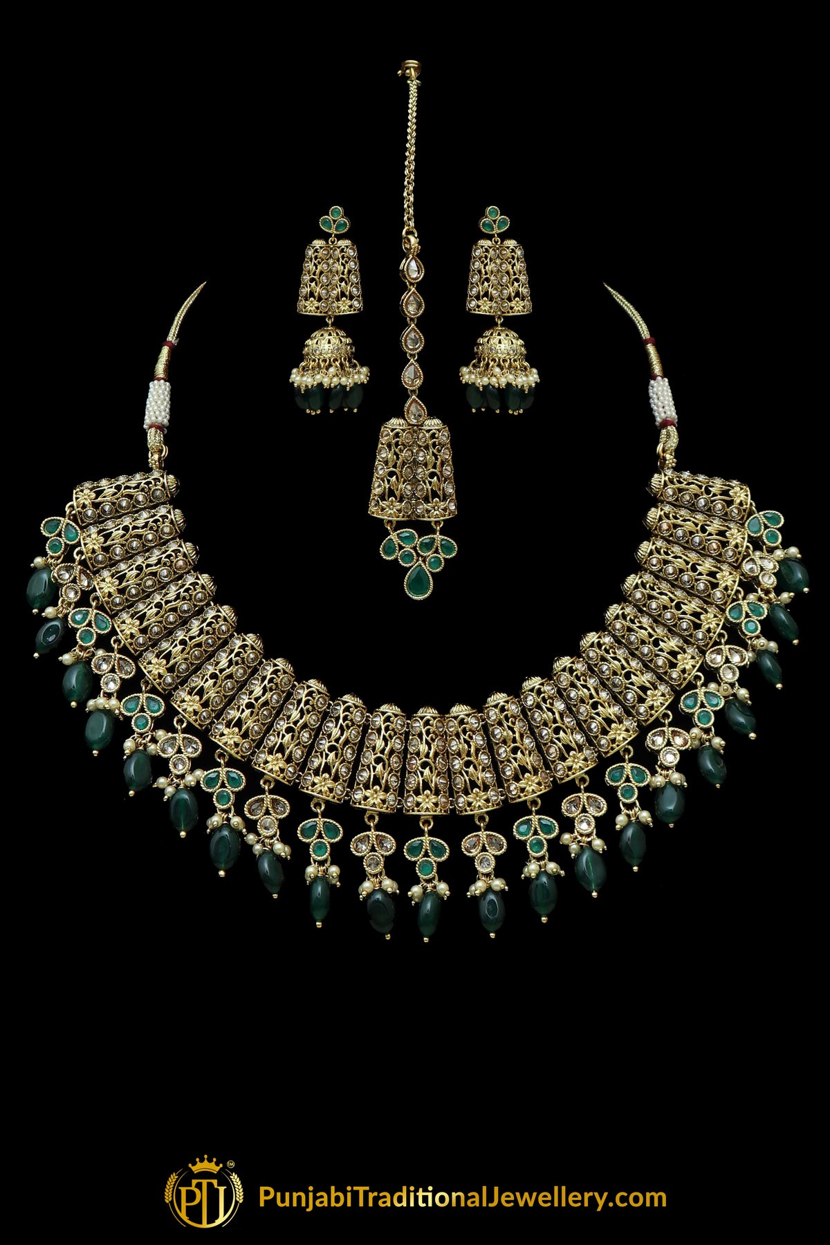 Green Polki Necklace Set By Punjabi Taditional Jewellery