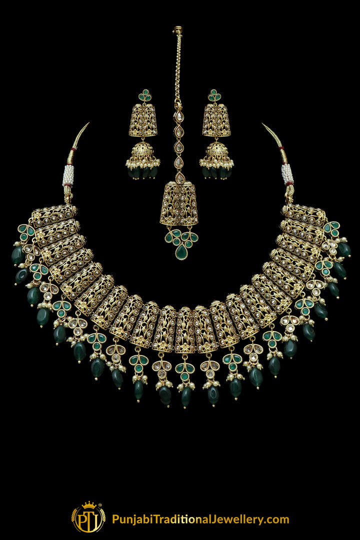 Green Polki Necklace Set By Punjabi Taditional Jewellery