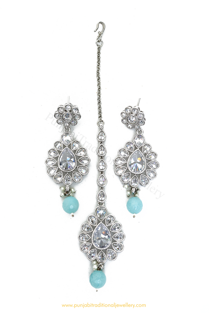 Silver Finished Firoza Polki Earrings  & Tikka Set By PTJ