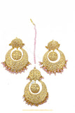 Gold Finished Pink Jadau Earrings & Tikka Set By PTJ
