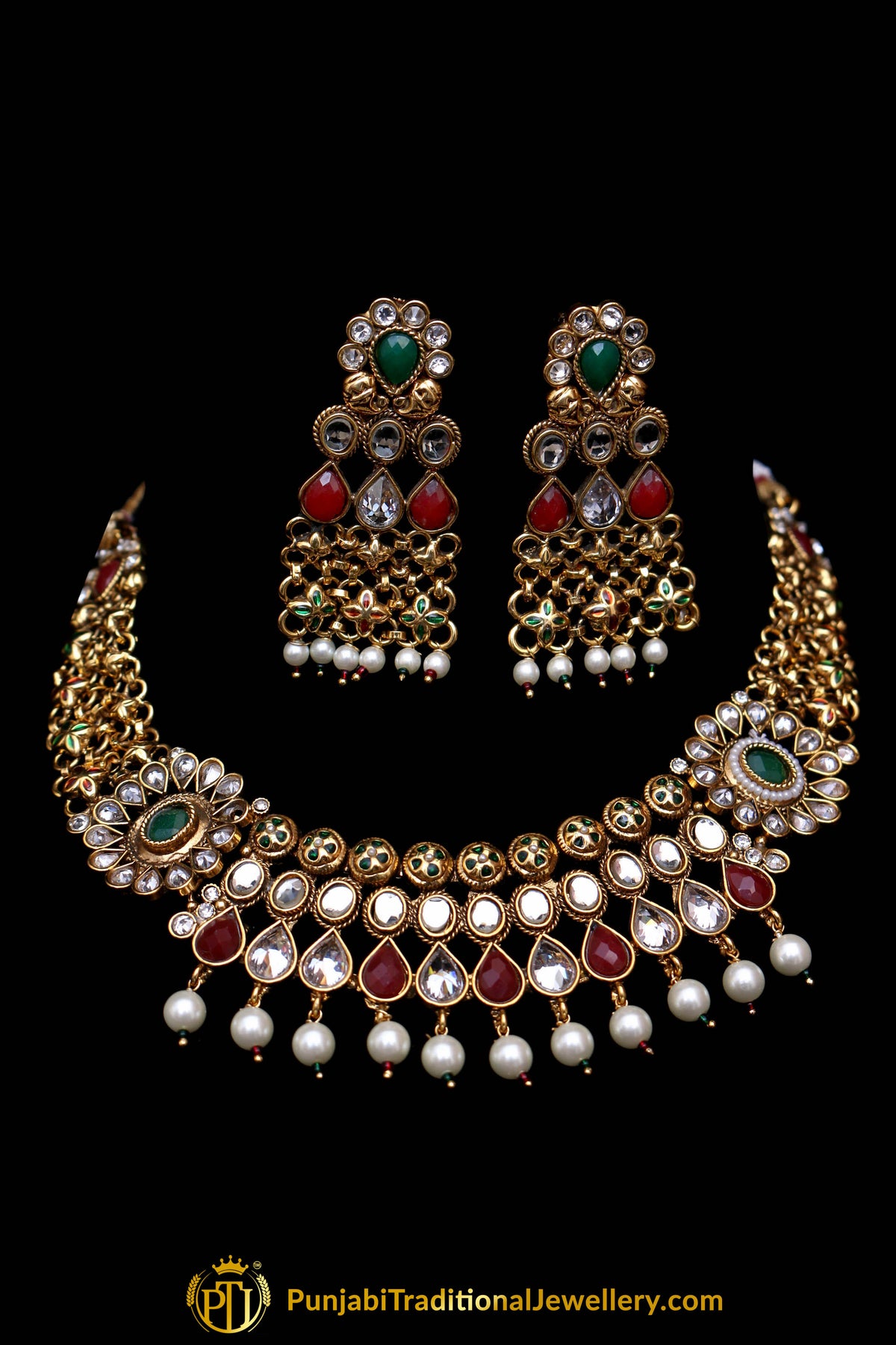 Justju Green & Red Pearl Necklace Set By Punjabi Traditional Jewellery