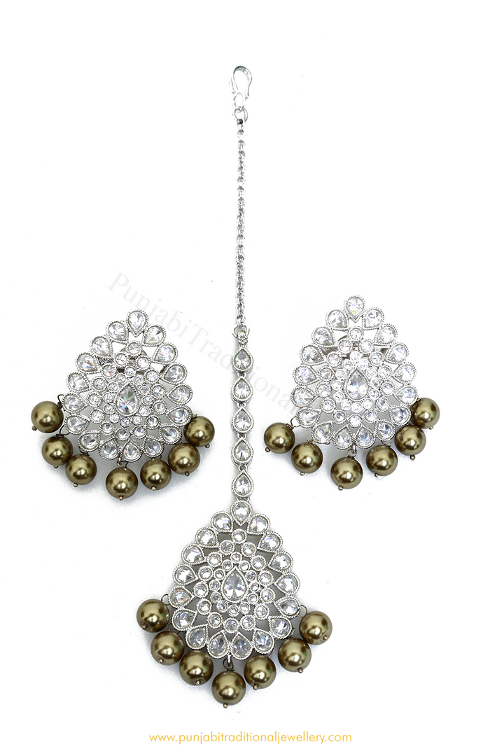 Silver Finished Polki Studs & Tikka Set By PTJ