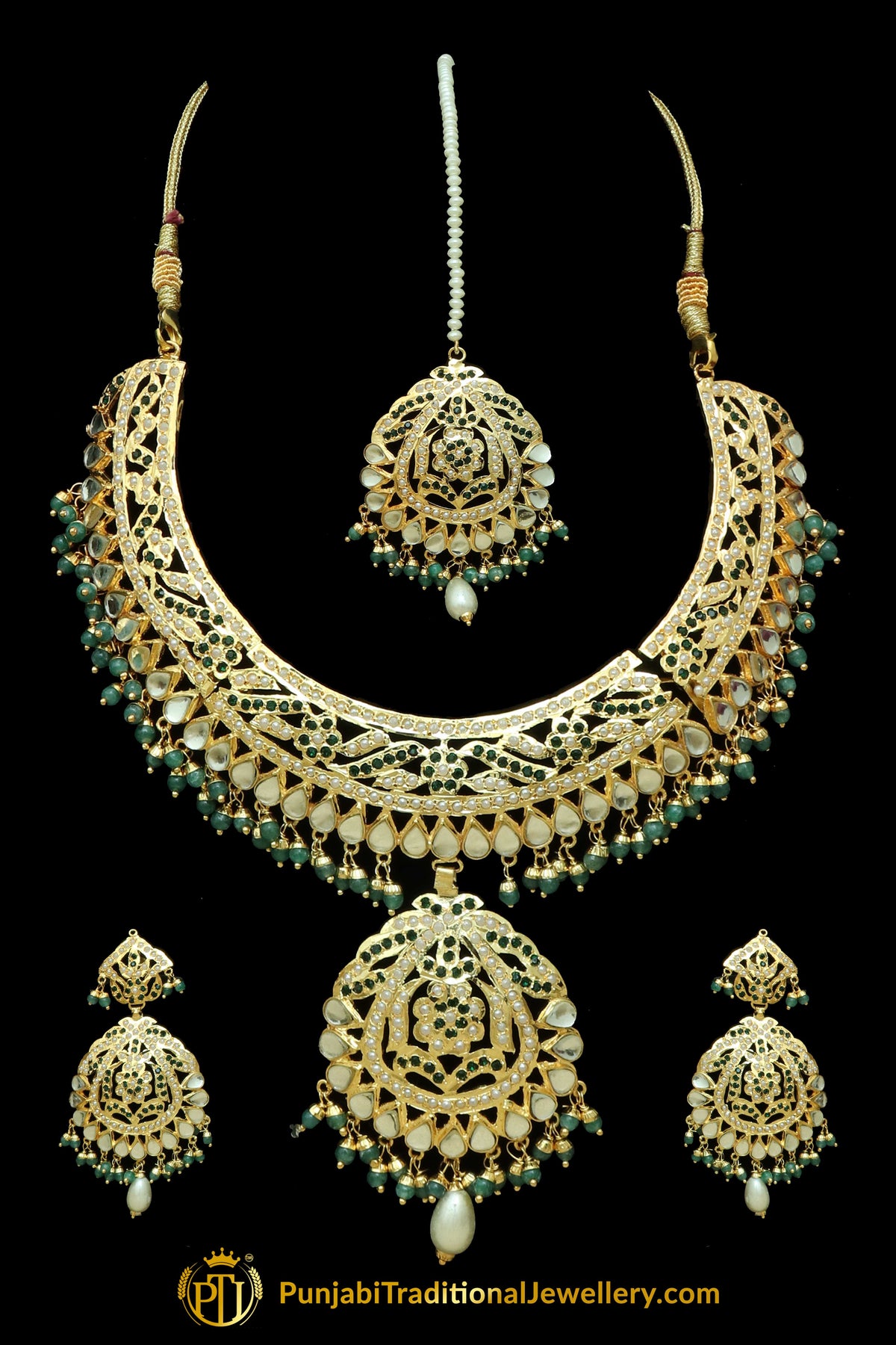 Green Jadau Kundan Necklace Set By Punjabi Traditional Jewellery