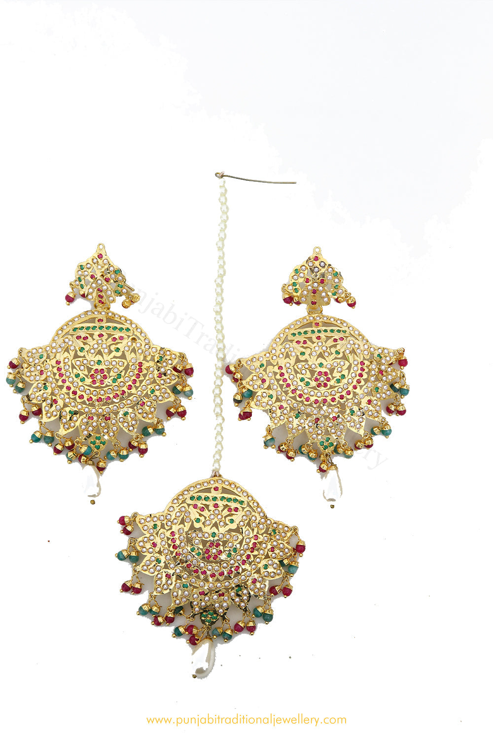 Gold Finished Rubby Emerald Jadau Earrings & Tikka Set By PTJ