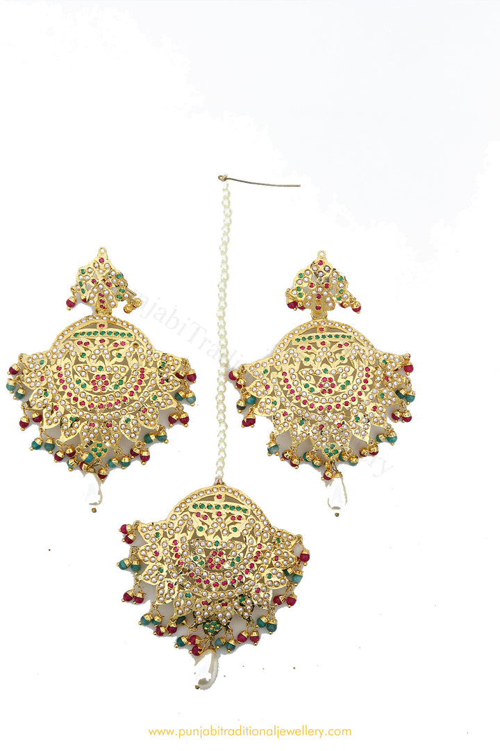 Gold Finished Rubby Emerald Jadau Earrings & Tikka Set By PTJ