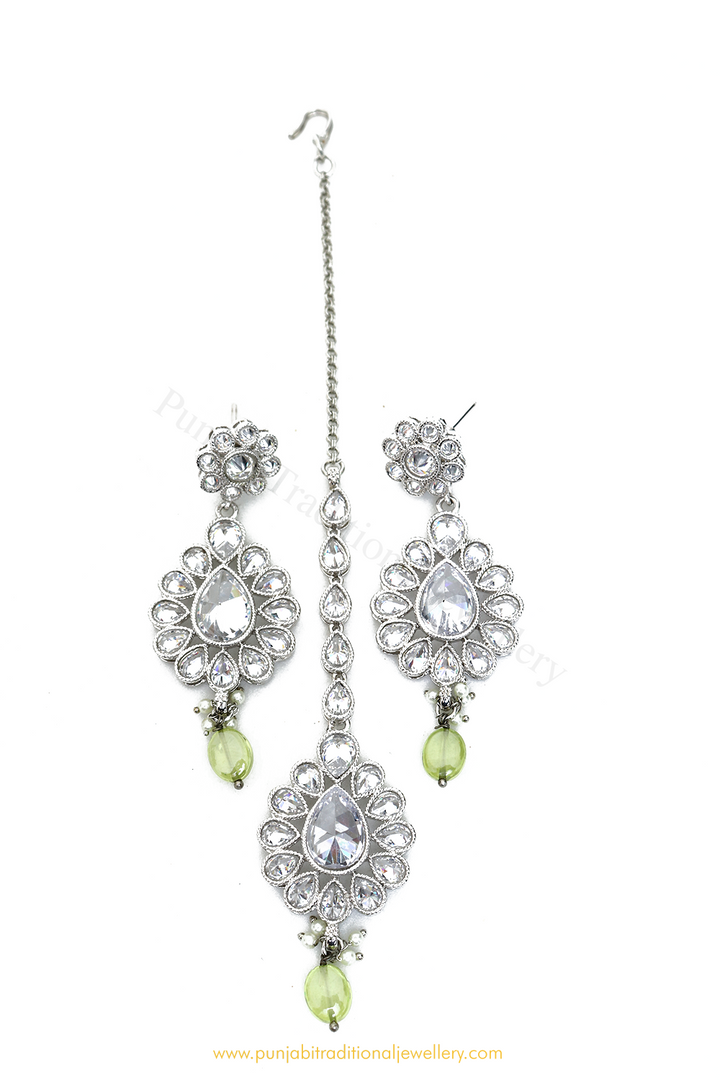 Silver Finished Polki Earrings & Tikka Set By PTJ