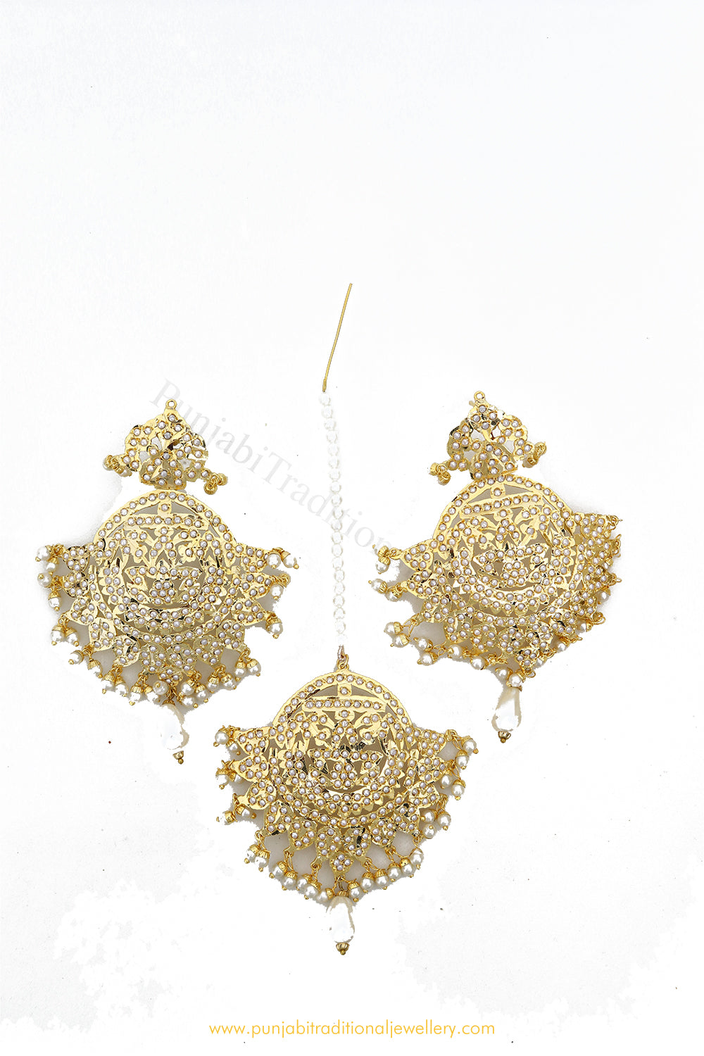 Gold Finished Pearl Jadau Earrings & Tikka Set By PTJ