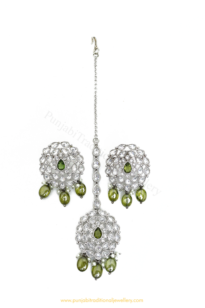 Silver Finished Mehndi Green Polki Studs & Tikka Set By PTJ