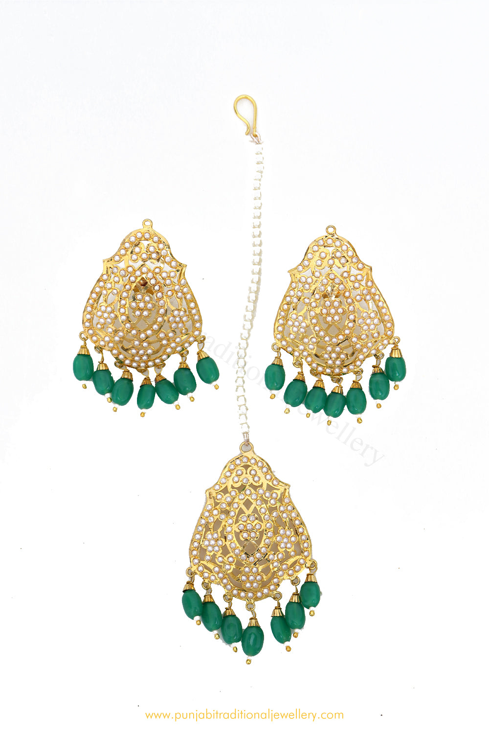 Gold Finished Emerald Jadau Studs & Tikka Set By PTJ