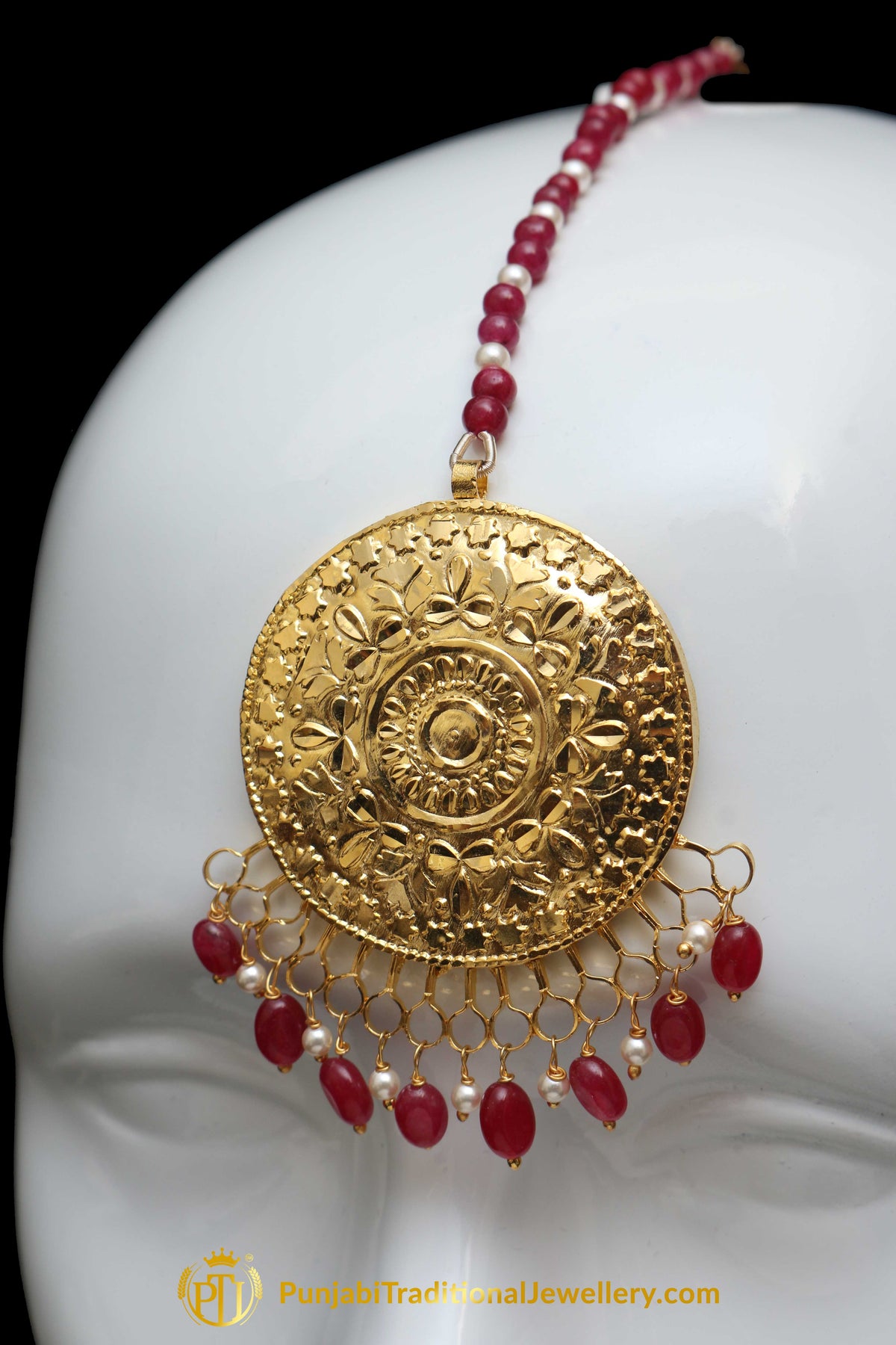 Red Jhumki Earrings & Tikka Set By Punjabi Traditional Jewellery