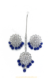 Silver Finished Blue Polki Studs & Tikka Set By PTJ