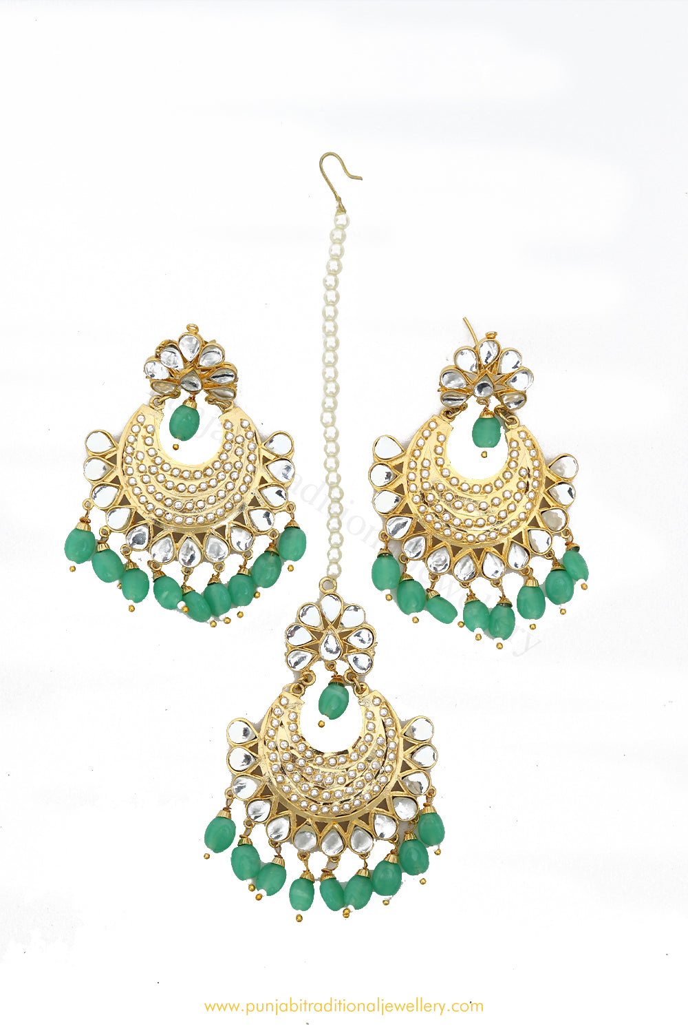 Gold Finished Mint Jadau Earrings & Tikka Set By PTJ