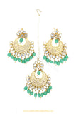 Gold Finished Mint Kundan Earring Tikka Set By PTJ