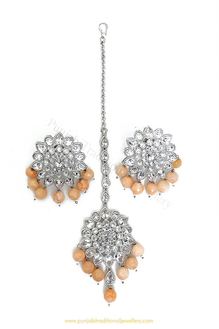 Silver Finished Peach Polki Studs & Tikka Set By PTJ
