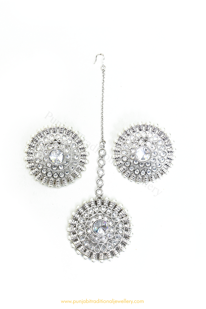Silver Finished Polki Studs & Tikka Set By PTJ