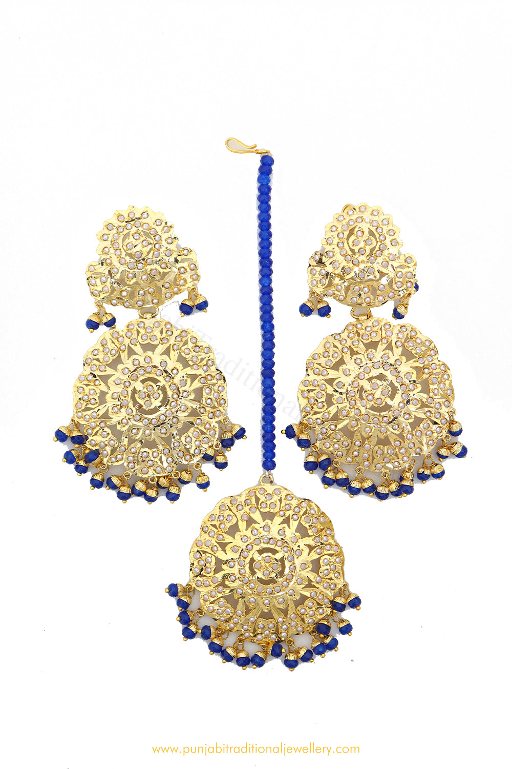 Gold Finished Blue Jadau Earrings & Tikka Set By PTJ
